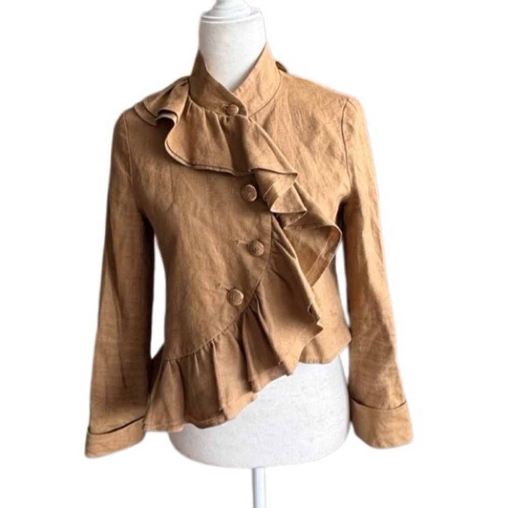 Anthropologie Ruffian Jacket Linen Silk Gold Blazer Asymmetric SZ 0 - Picture 11 of 11